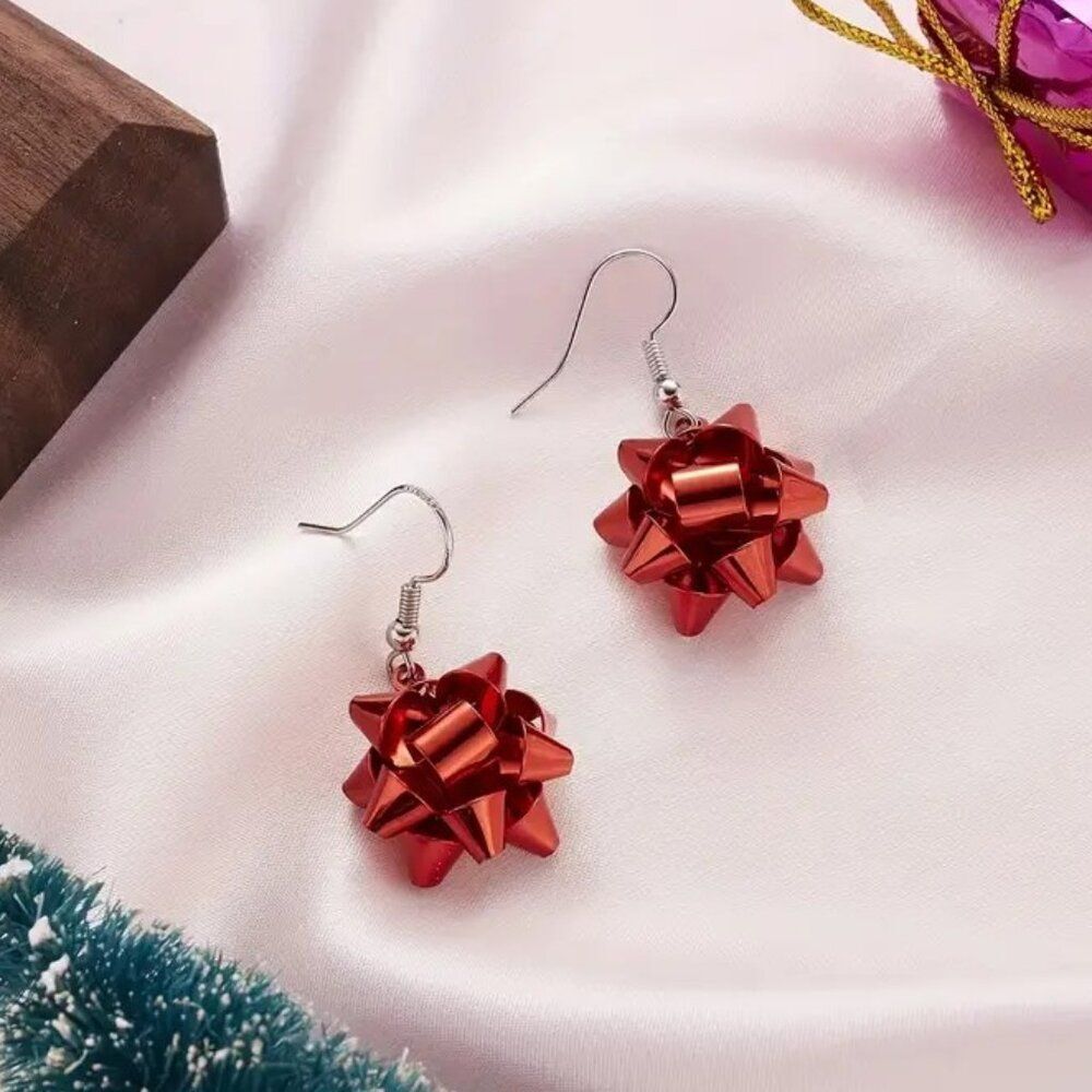 Festive Red Christmas Gift Bow Earrings